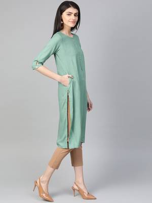 Teal plain liva ethnic-kurtis 3