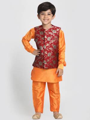 Orange Woven Cotton Silk Boys Kurta Pyjama 1