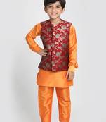 Orange Woven Cotton Silk Boys Kurta Pyjama