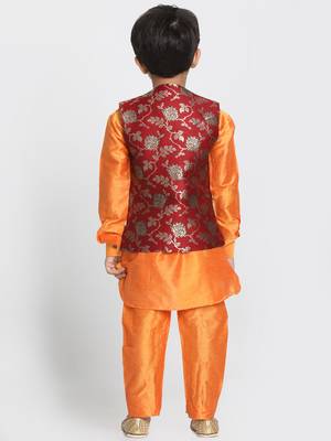 Orange Woven Cotton Silk Boys Kurta Pyjama 3