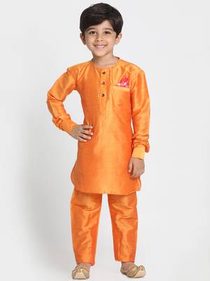 Orange Woven Cotton Silk Boys Kurta Pyjama 4