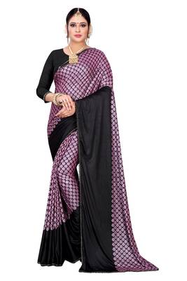 Purple printed lycra saree with blouse 1