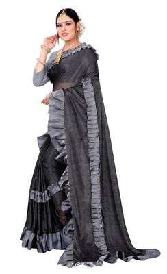 Black printed lycra saree with blouse 2