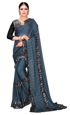 Blue printed lycra saree with blouse 1
