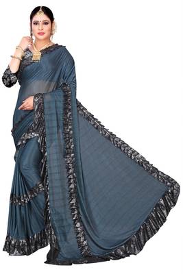 Blue printed lycra saree with blouse 2