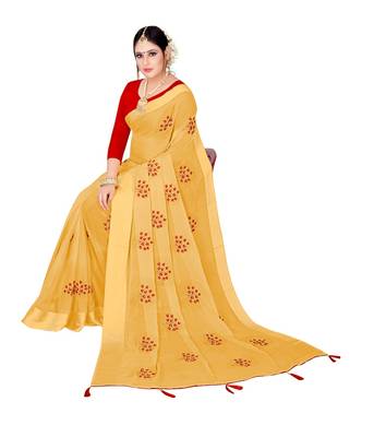 Yellow embroidered chiffon saree with blouse 4