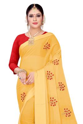 Yellow embroidered chiffon saree with blouse 5