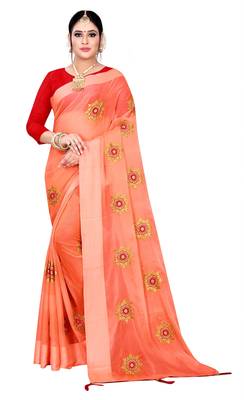 Peach embroidered chiffon saree with blouse 1
