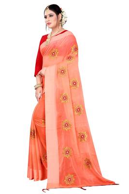Peach embroidered chiffon saree with blouse 2