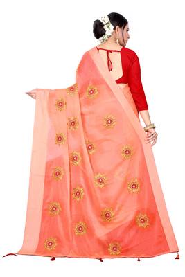 Peach embroidered chiffon saree with blouse 3