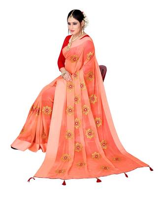 Peach embroidered chiffon saree with blouse 4