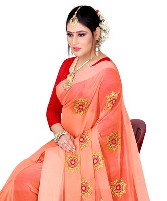 Peach embroidered chiffon saree with blouse 5