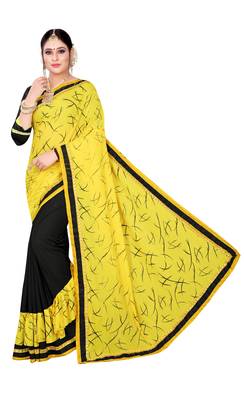 Yellow printed lycra saree with blouse 1