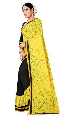 Yellow printed lycra saree with blouse 2