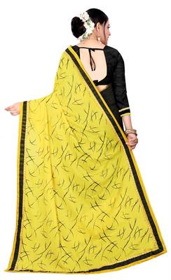 Yellow printed lycra saree with blouse 3