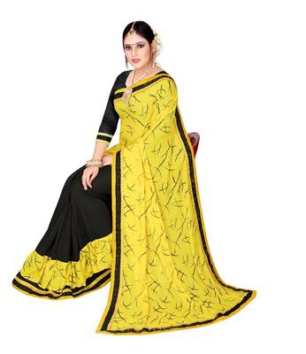 Yellow printed lycra saree with blouse 4