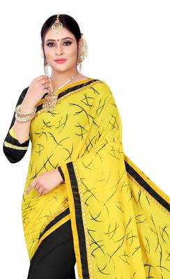 Yellow printed lycra saree with blouse 5