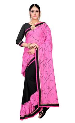 Pink printed lycra saree with blouse 1