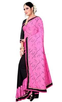 Pink printed lycra saree with blouse 2