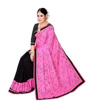 Pink printed lycra saree with blouse 4