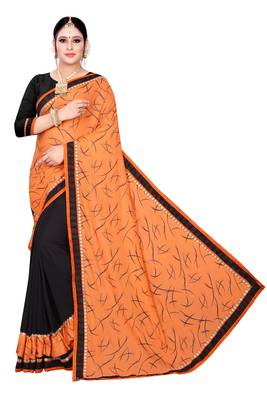 Orange printed lycra saree with blouse 1