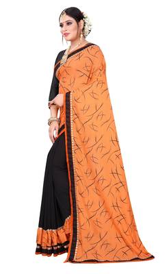 Orange printed lycra saree with blouse 2