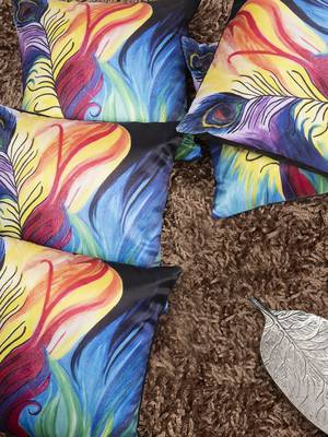 Painted Peacock Feather Cushion Cover 12"x12" (Set of 5) 1
