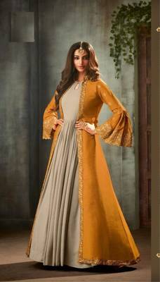 Yellow embroidered georgette semi stitched salwar with dupatta 1