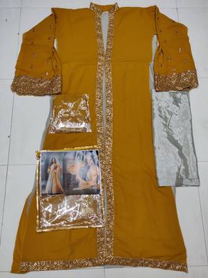 Yellow embroidered georgette semi stitched salwar with dupatta 2