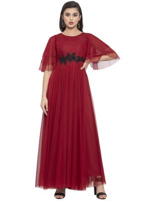 Maroon plain net maxi-dresses 1