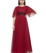 Maroon plain net maxi-dresses
