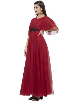 Maroon plain net maxi-dresses 2