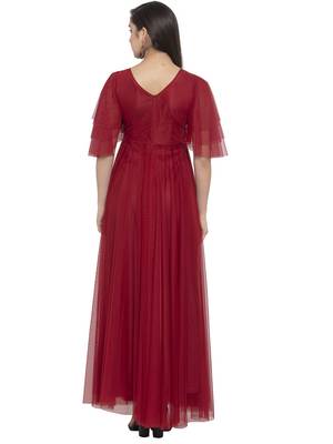 Maroon plain net maxi-dresses 3