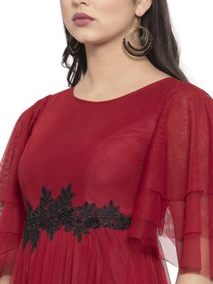 Maroon plain net maxi-dresses 4