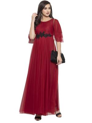 Maroon plain net maxi-dresses 5