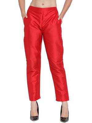 red plain silk blend trousers 1