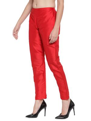 red plain silk blend trousers 2