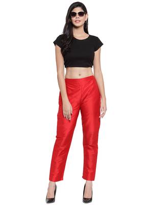 red plain silk blend trousers 5