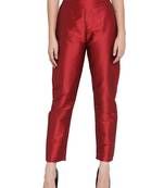 maroon plain silk blend trousers