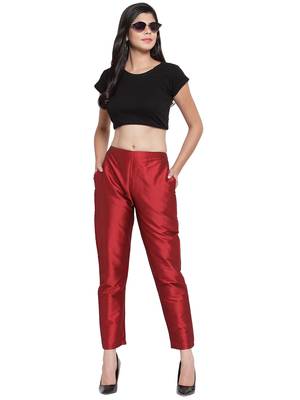 maroon plain silk blend trousers 5