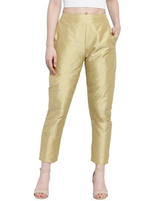 gold plain silk blend trousers 1