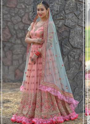 Peach Plain
 Net Unstitched Lehenga 1
