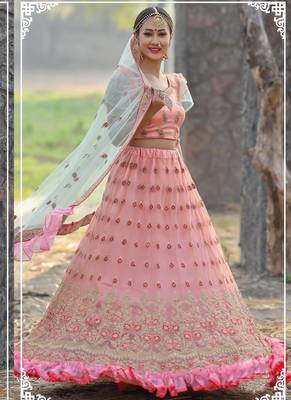 Peach Plain
 Net Unstitched Lehenga 2