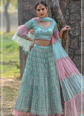 Green Plain
 Net Unstitched Lehenga 1