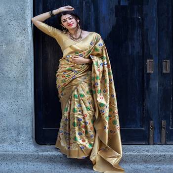 Beige woven banarasi silk saree with blouse 1