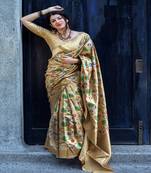 Beige woven banarasi silk saree with blouse