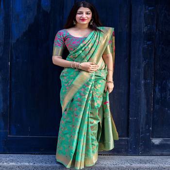 Green woven banarasi silk saree with blouse 1