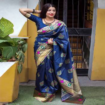 Blue woven banarasi silk saree with blouse 1