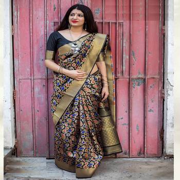 Black woven banarasi silk saree with blouse 1