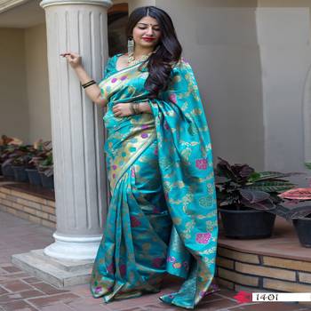 Light green woven banarasi silk saree with blouse 1